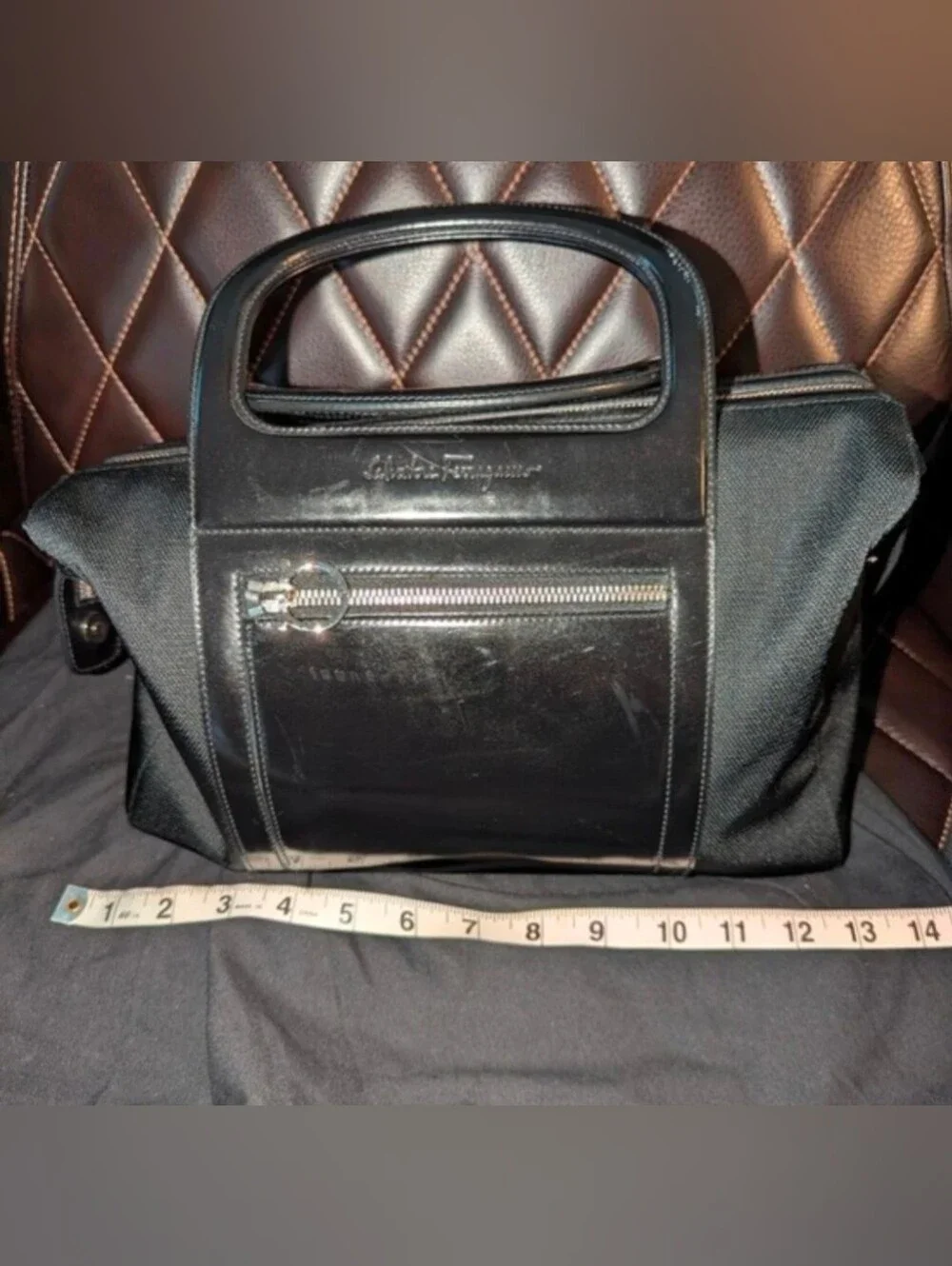Salvatore Ferragamo Signature Black Leather & Canvas Top Handle Bag W/Strap